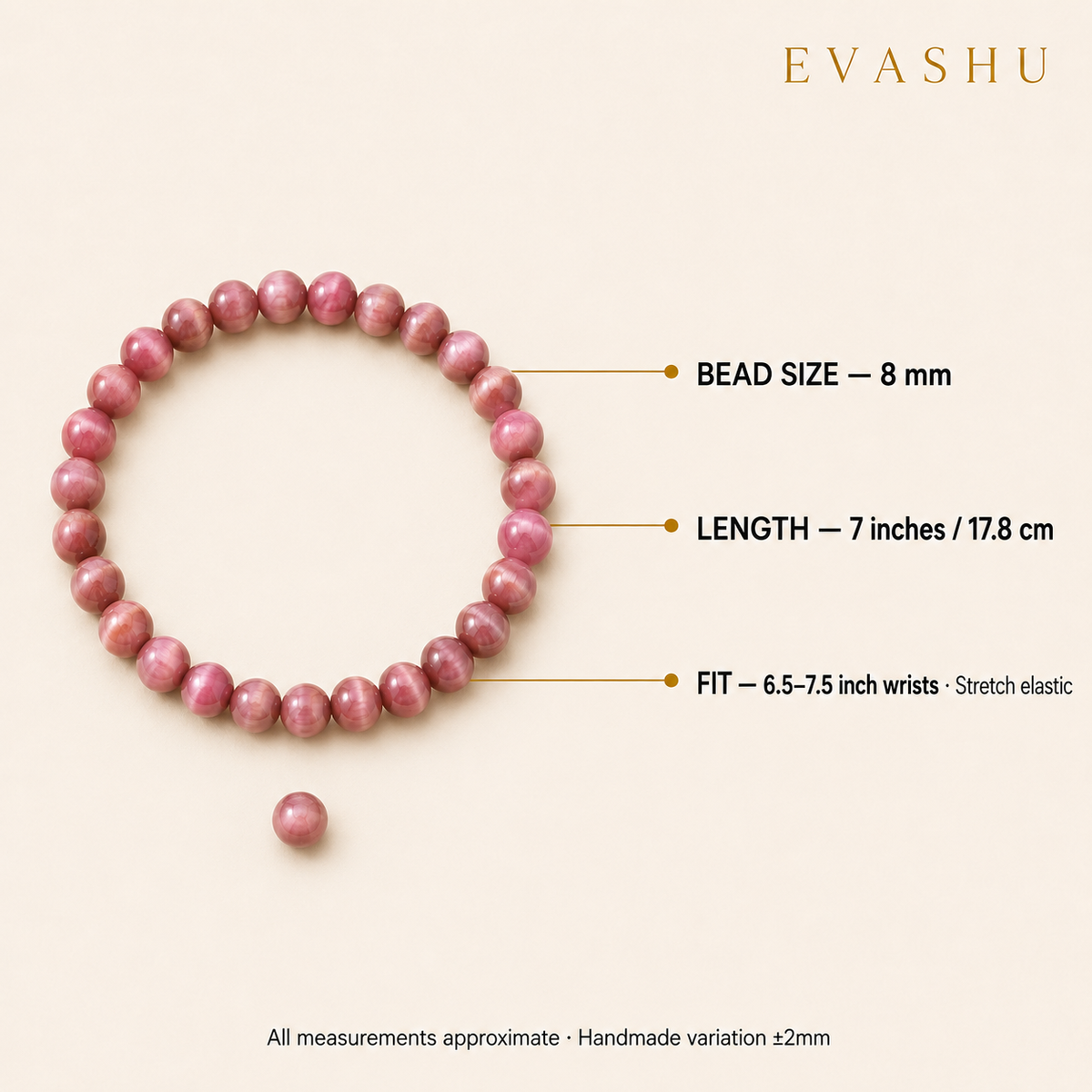 Pink Tiger Eye Bracelet 8 mm bead size, bracelet length and stretch fit guide