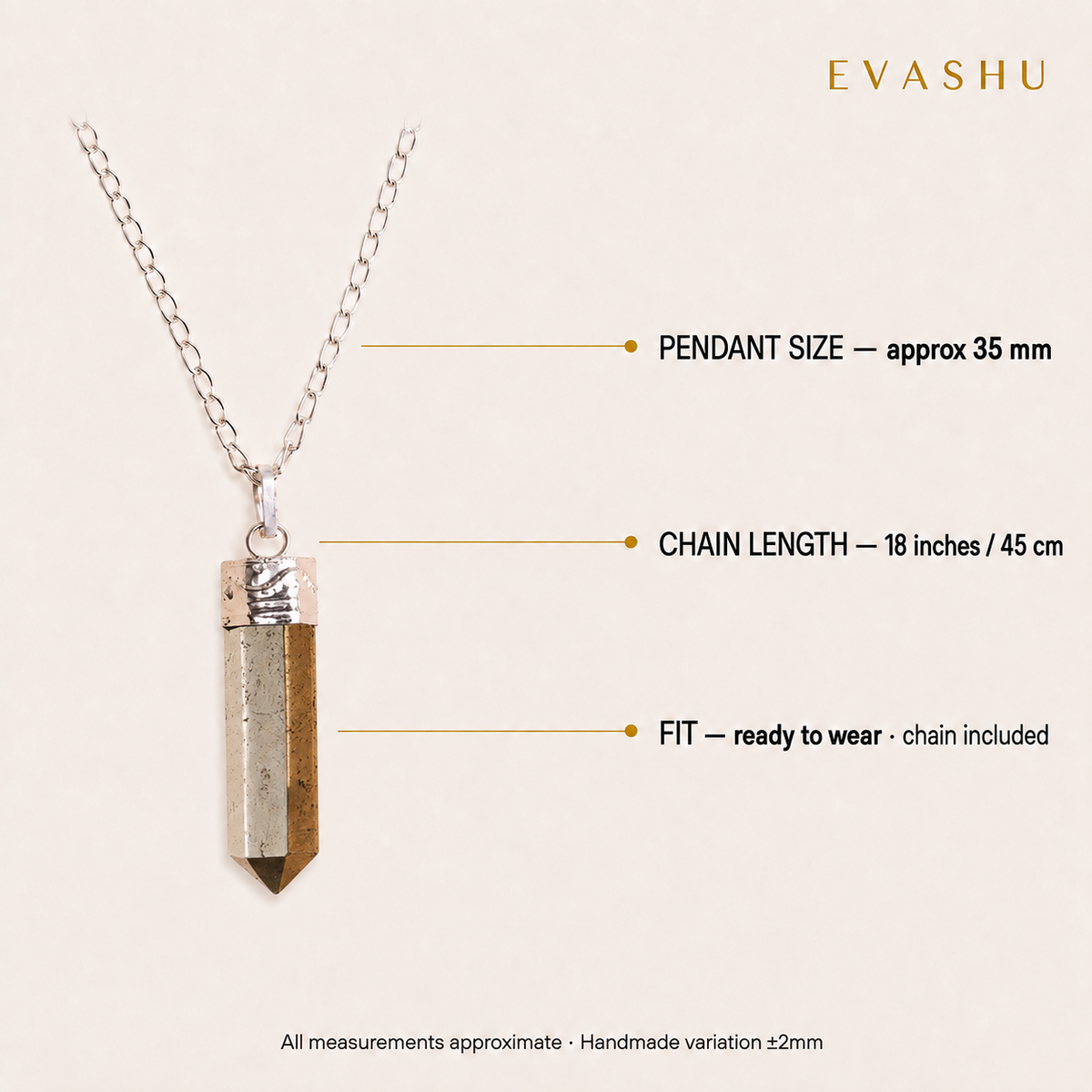 Pyrite Pencil Pendant size, dimensions and product specification guide