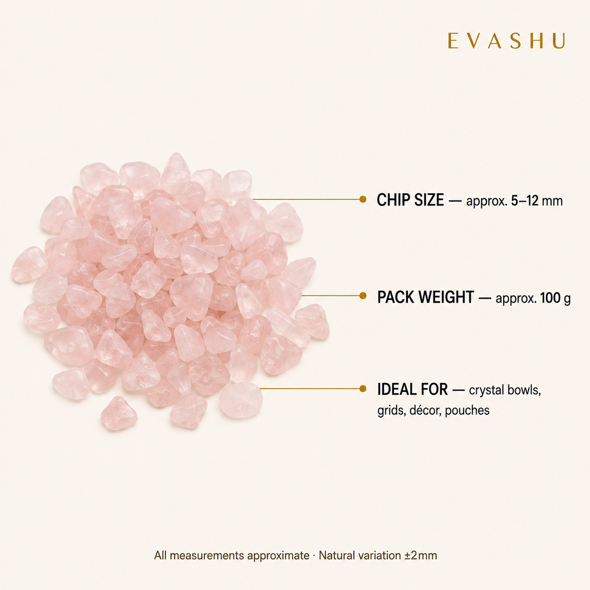 Rose Quartz Chips size, dimensions and product specification guide