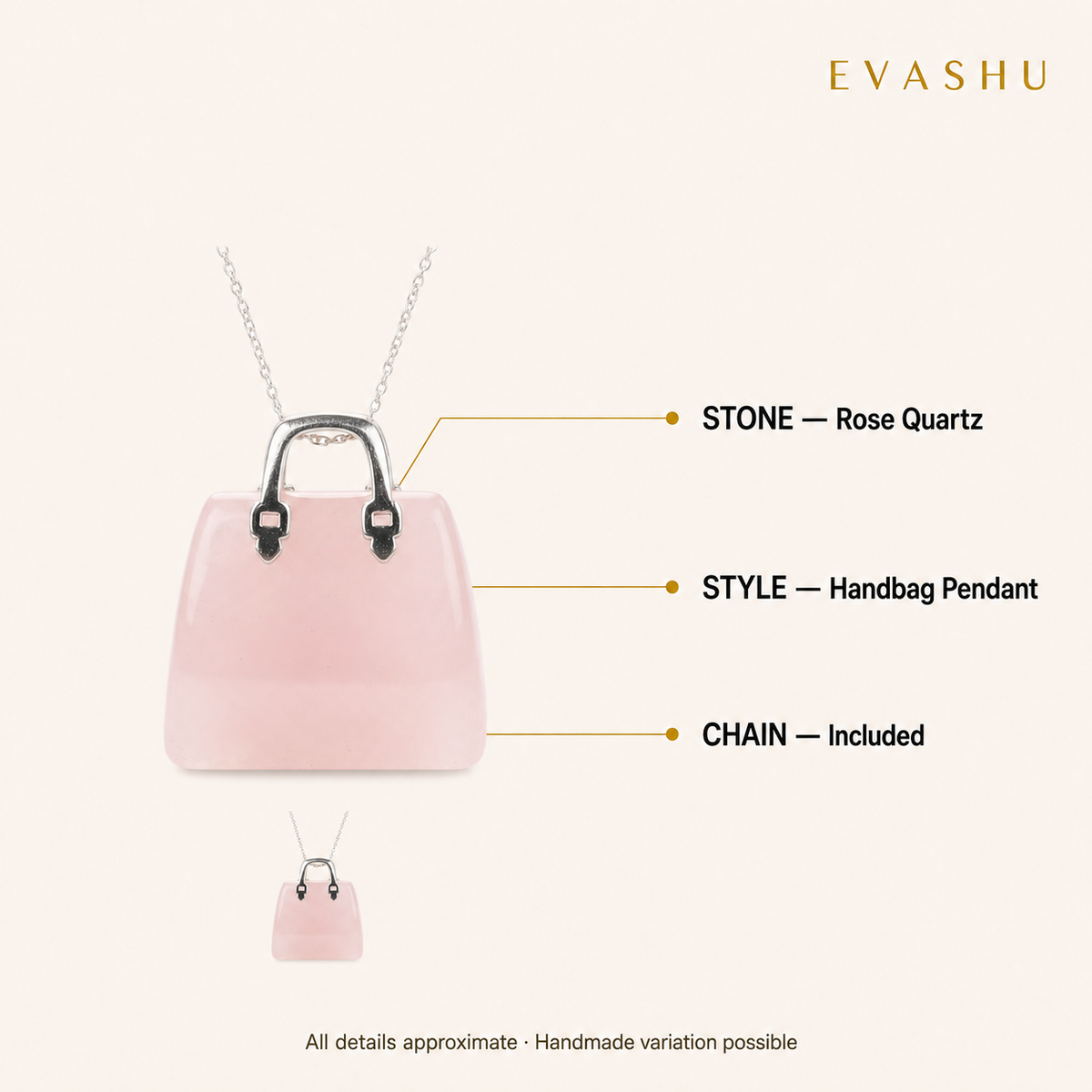 Rose Quartz Handbag Pendant size, dimensions and product specification guide