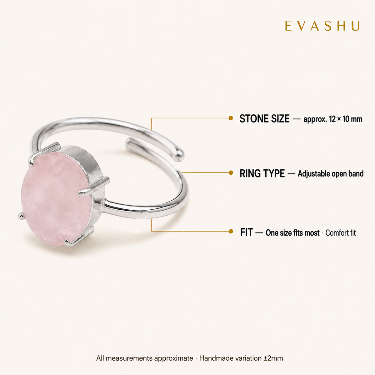 Rose Quartz Ring size, dimensions and product specification guide