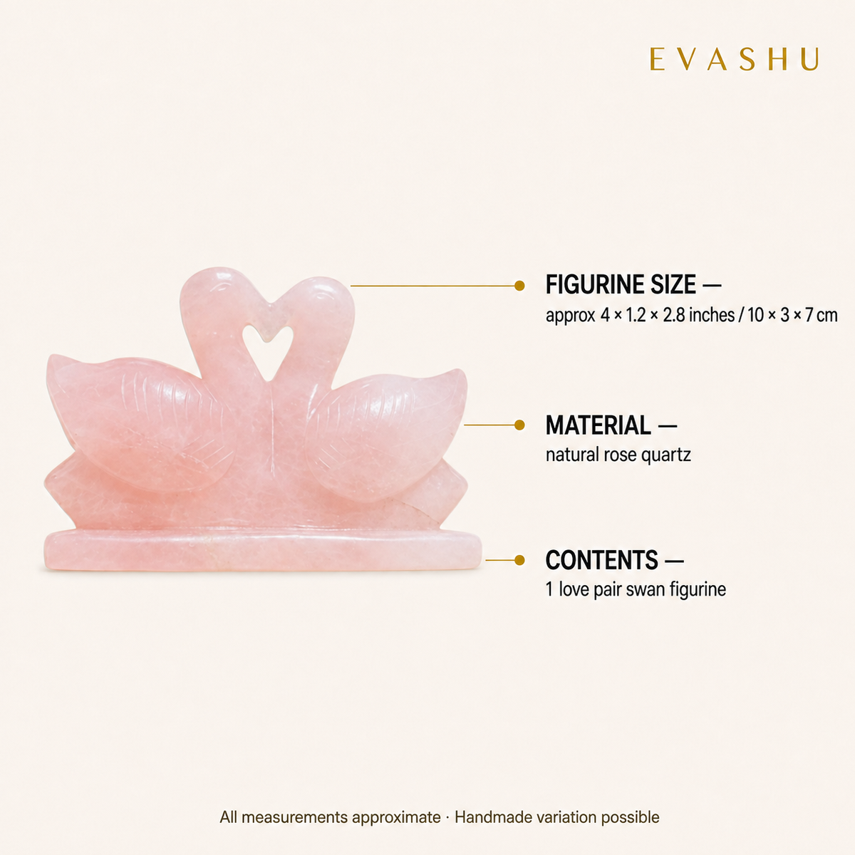 Rose Quartz Swan Pair size, dimensions and product specification guide