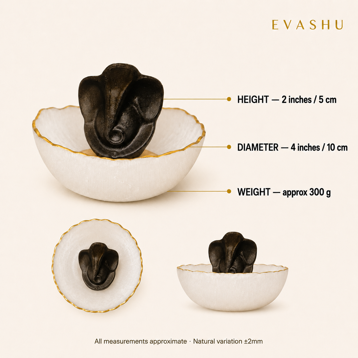 Selenite Bowl + Ganesha size, dimensions and product specification guide