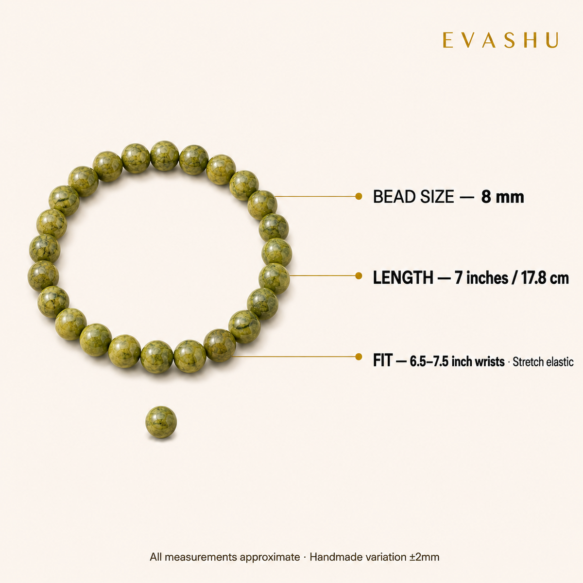 Serpentine Bracelet 8 mm bead size, bracelet length and stretch fit guide