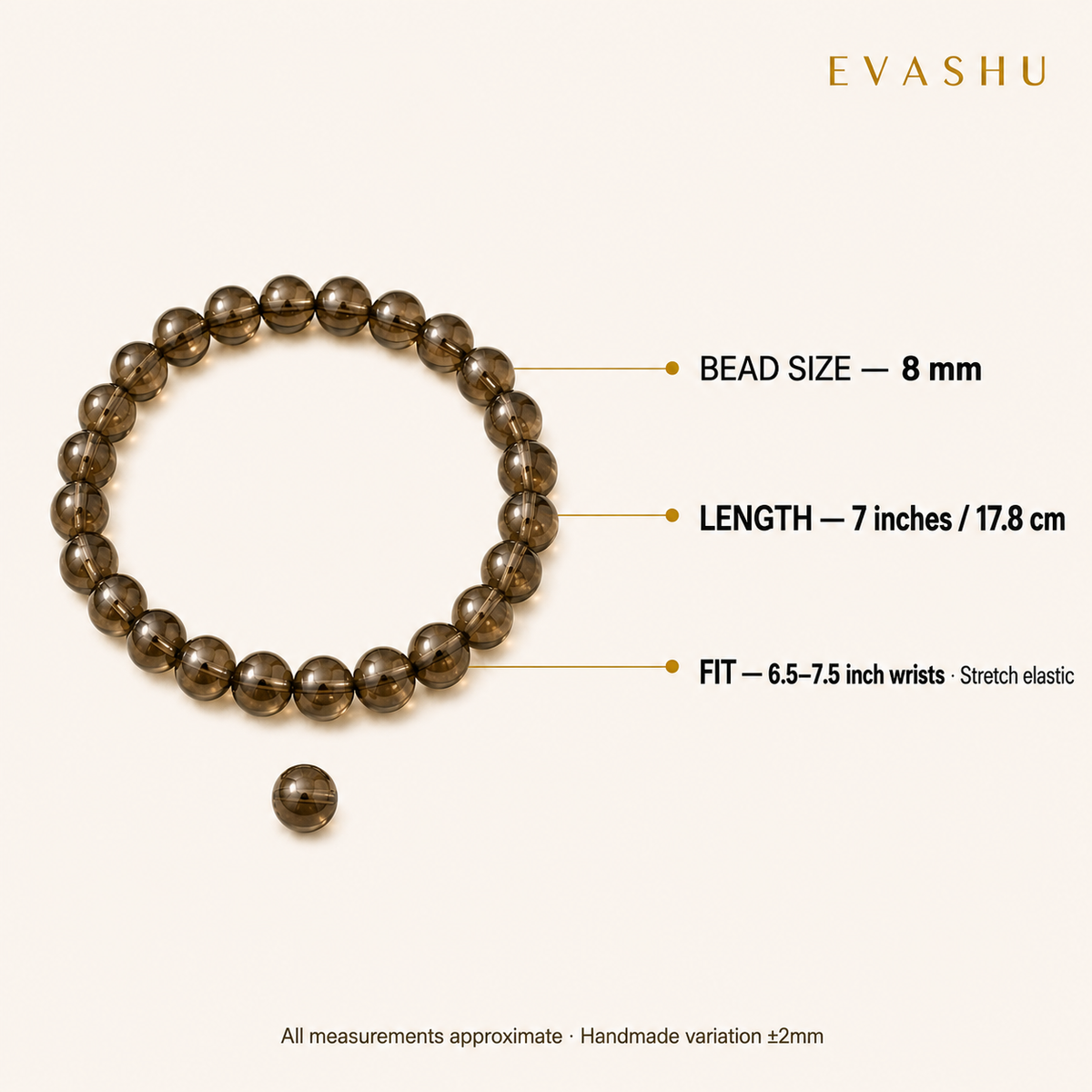 Smoky Quartz 8 mm Bracelet size and product details