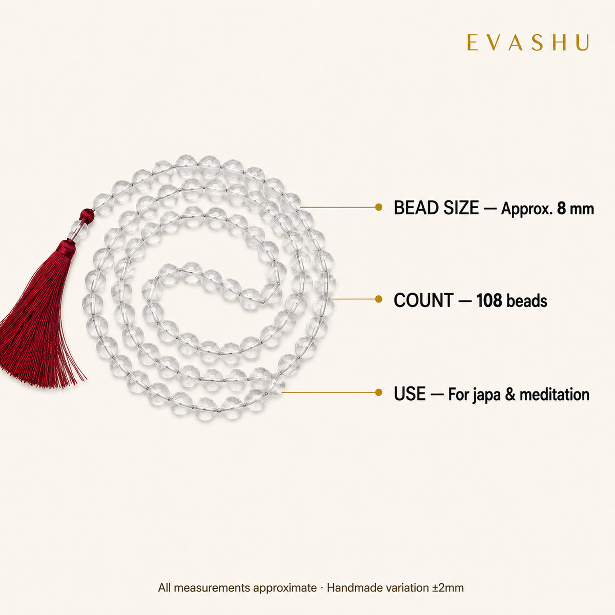 Clear Quartz 108-bead mala size and product specification guide