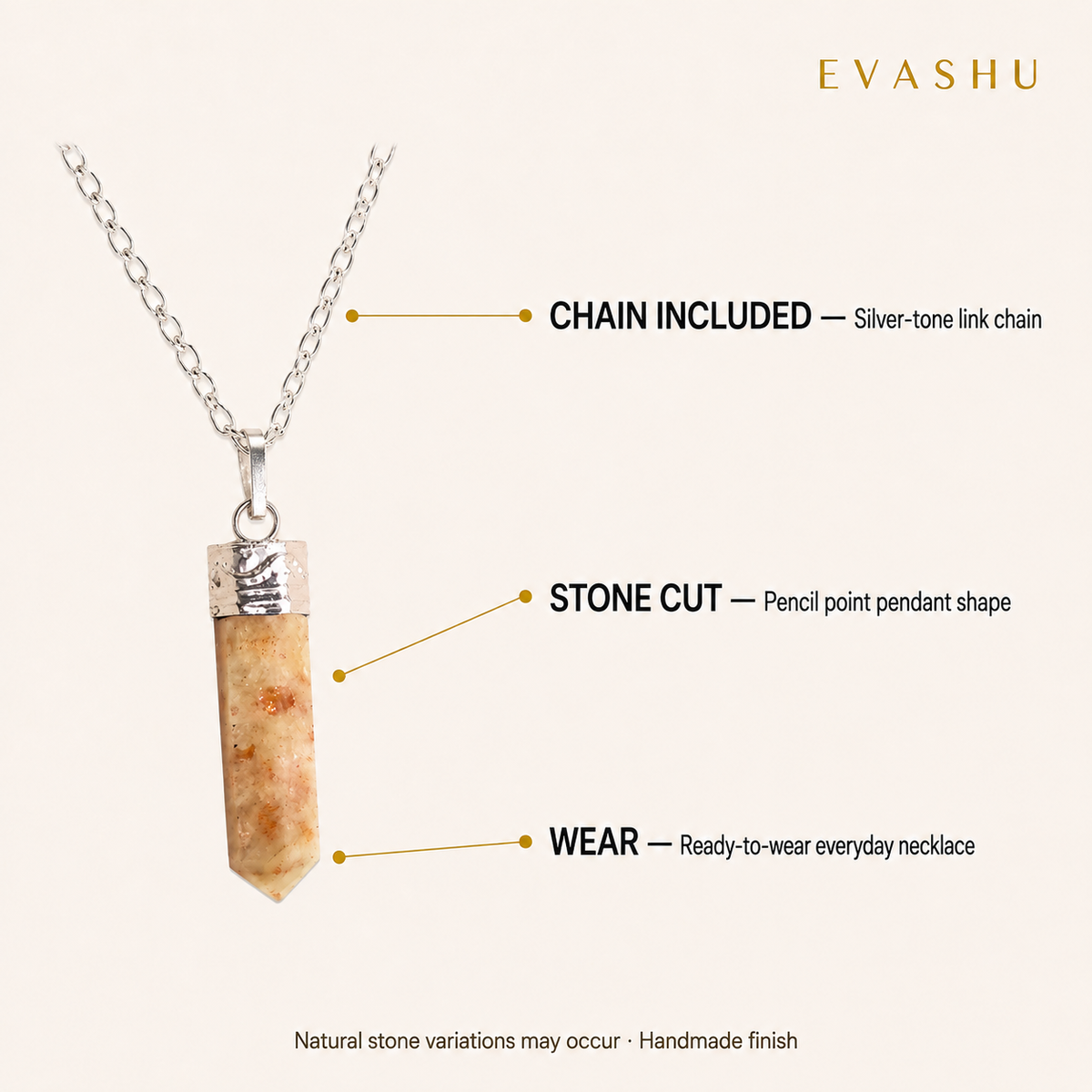 Sunstone Pencil Pendant size, dimensions and product specification guide