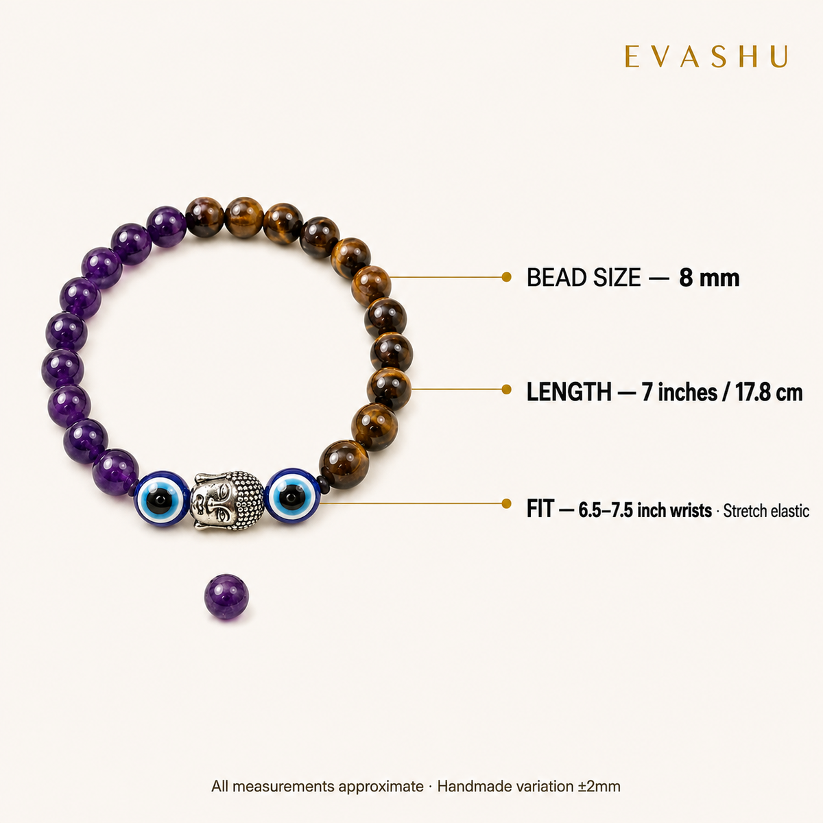 Tiger Eye Amethyst Evil Eye Bracelet size, dimensions and product specification guide