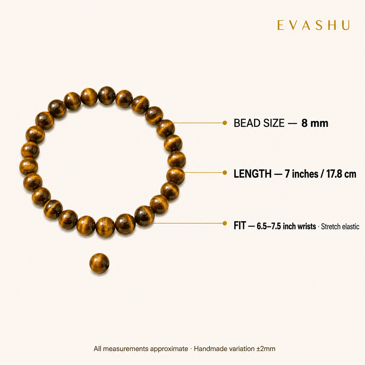 Tiger Eye Bracelet 8 mm bead size, bracelet length and stretch fit guide
