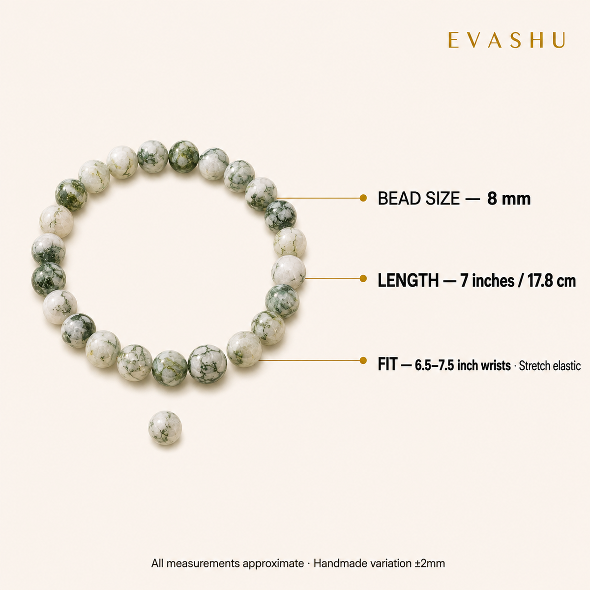 Tree Agate Bracelet 8 mm bead size, bracelet length and stretch fit guide