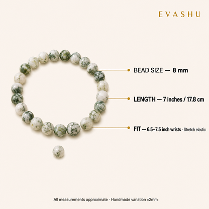 Tree Agate Bracelet 8 mm bead size, bracelet length and stretch fit guide