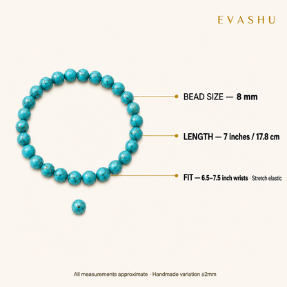 Turquoise Firoza Bracelet 8 mm bead size, bracelet length and stretch fit guide