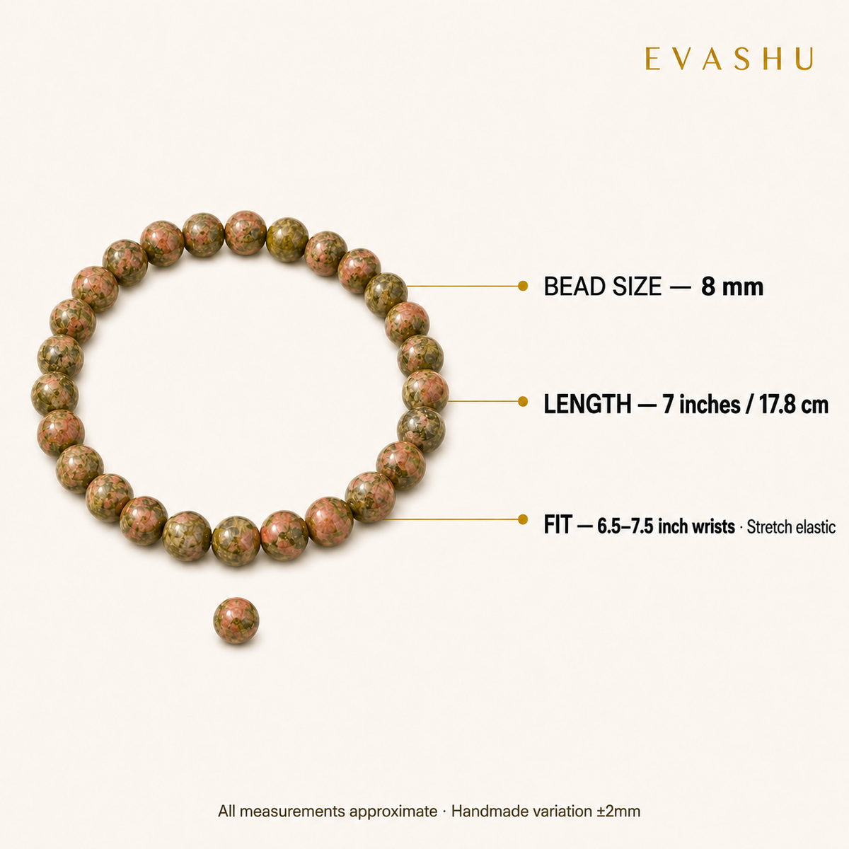 Unakite Bracelet 8 mm bead size, bracelet length and stretch fit guide