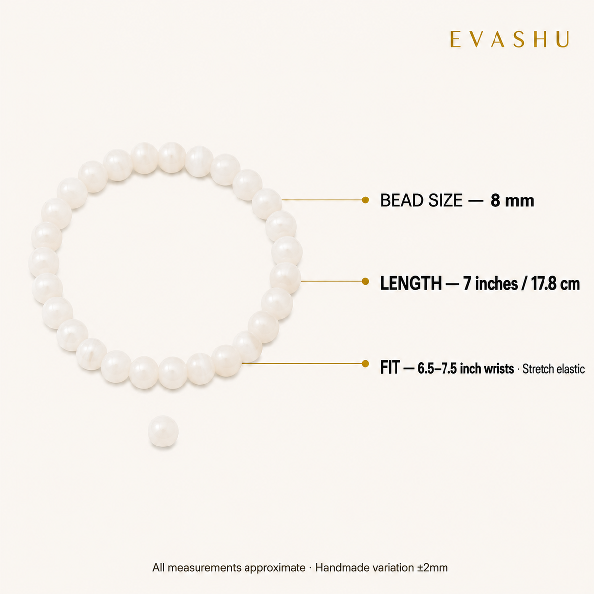 White Agate Bracelet 8 mm bead size, bracelet length and stretch fit guide