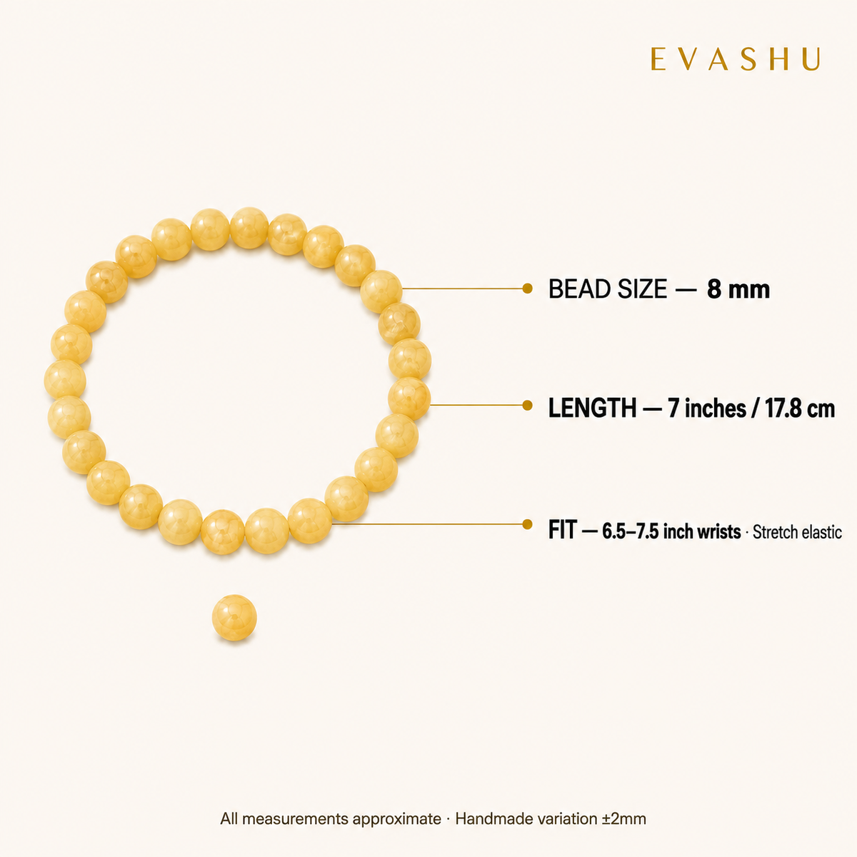 Yellow Jade Bracelet 8 mm bead size, bracelet length and stretch fit guide
