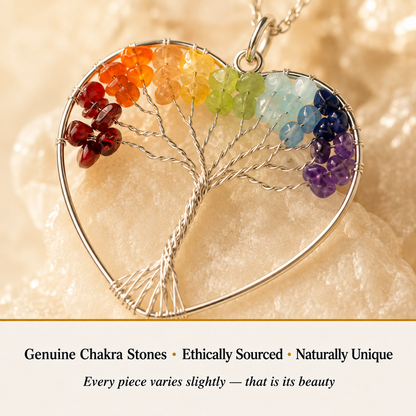 Close-up view of 7 Chakra Heart Tree of Life pendant