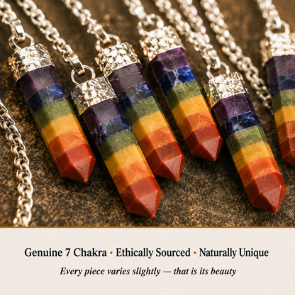 Close-up of 7 Chakra Pencil Pendant showing natural crystal texture and detail