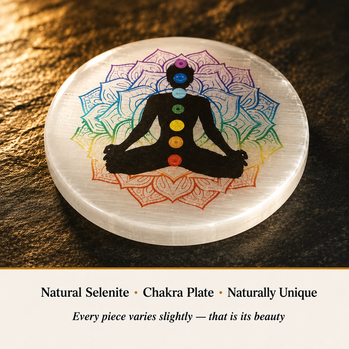Selenite 7 Chakra Round Charging Plate material detail