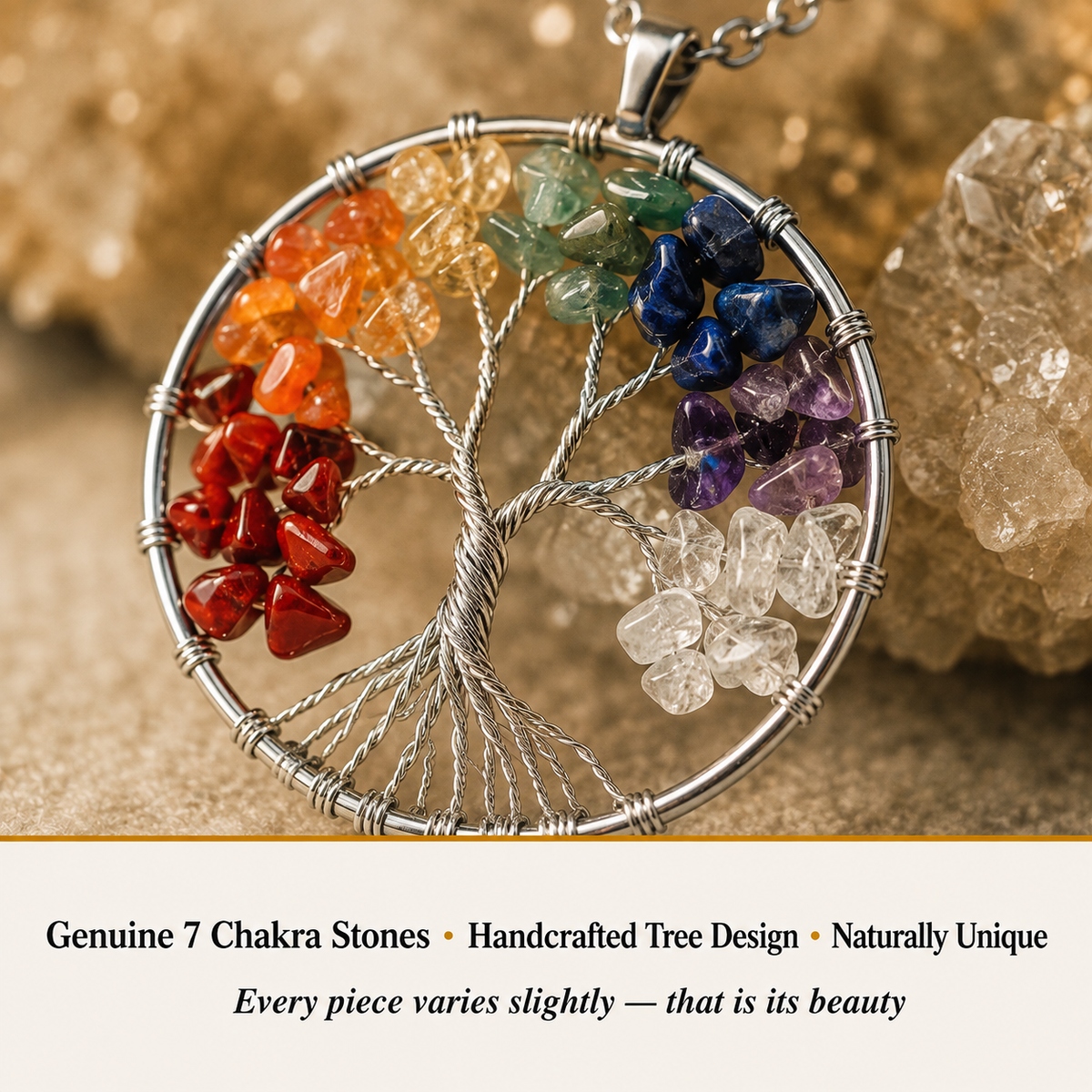 Close-up view of 7 Chakra Wire Tree of Life pendant
