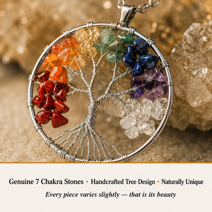 Close-up view of 7 Chakra Wire Tree of Life pendant