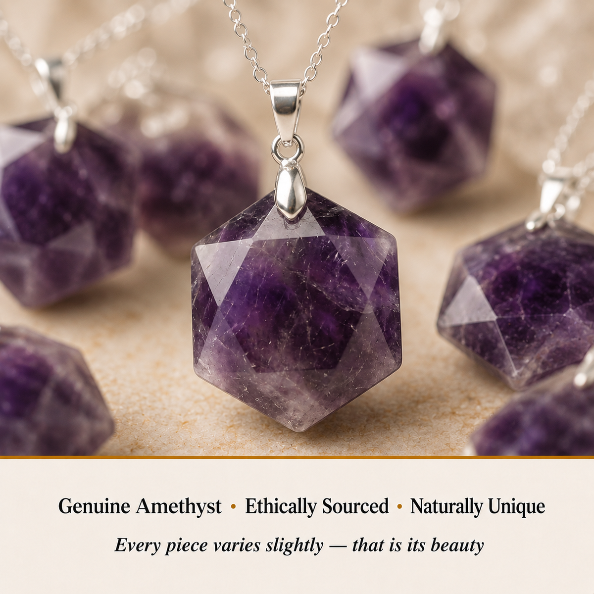 Close-up of Amethyst Hexagon Pendant showing natural crystal texture and detail