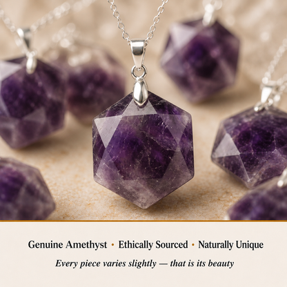 Close-up of Amethyst Hexagon Pendant showing natural crystal texture and detail