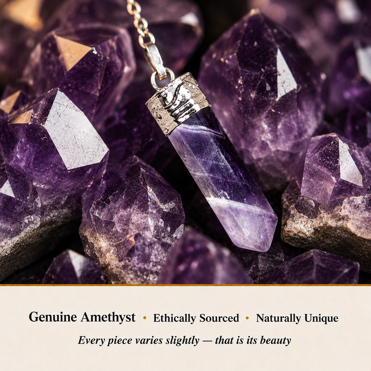 Close-up of Amethyst Pencil Pendant showing natural crystal texture and detail
