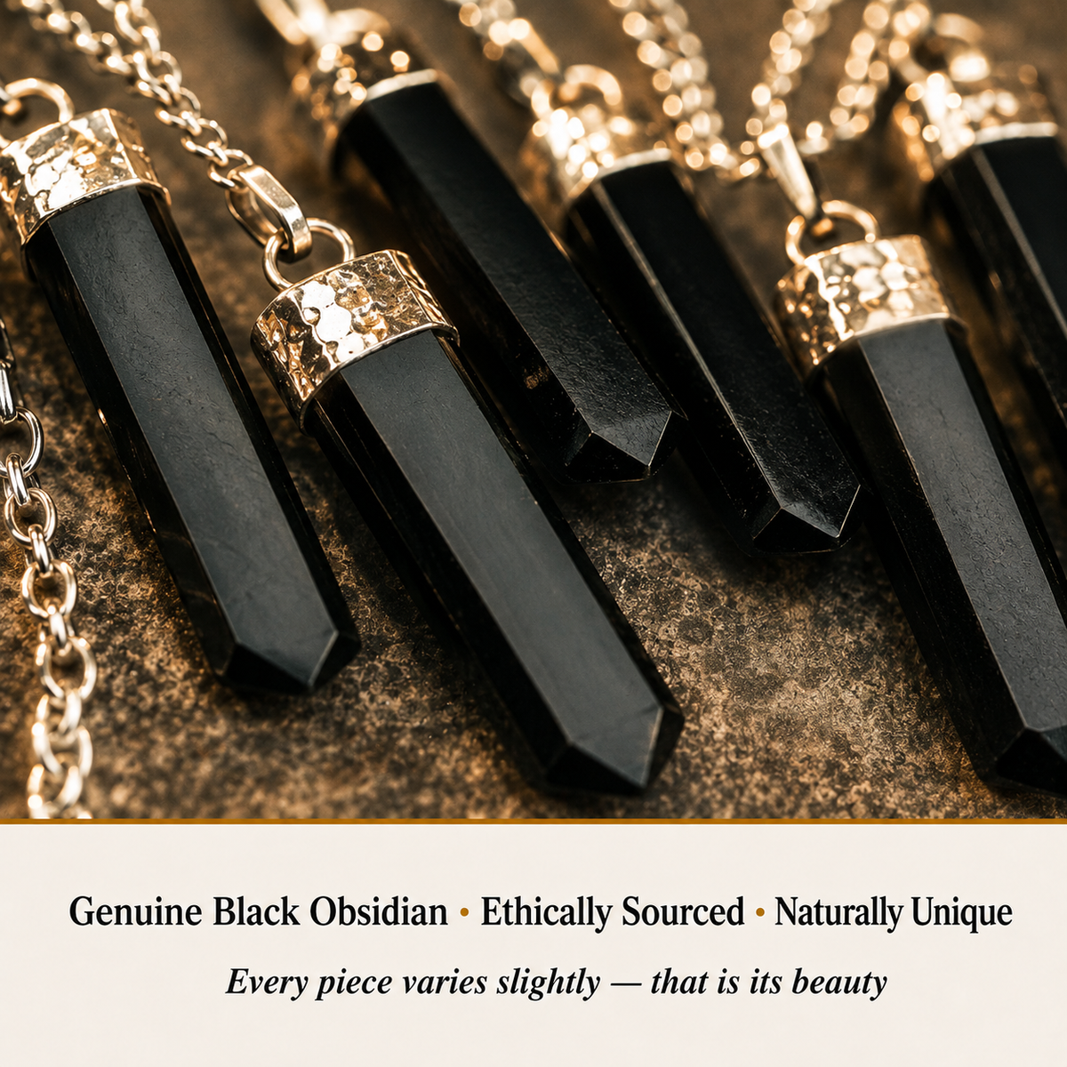 Close-up of Black Obsidian Pencil Pendant showing natural crystal texture and detail