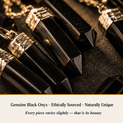 Close-up of Black Onyx Pencil Pendant showing natural crystal texture and detail