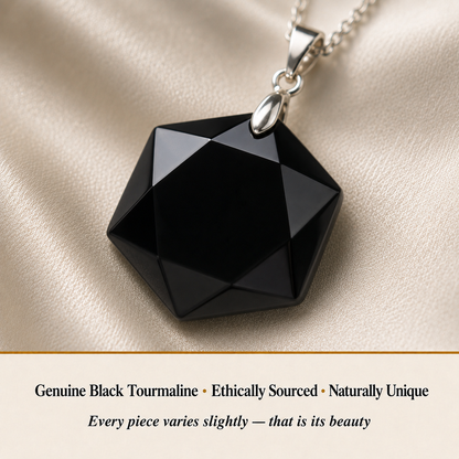 Close-up of Black Tourmaline Hexagon Pendant showing natural crystal texture and detail