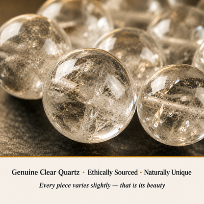 Close-up of Clear Quartz Bracelet showing natural crystal bead texture and detail