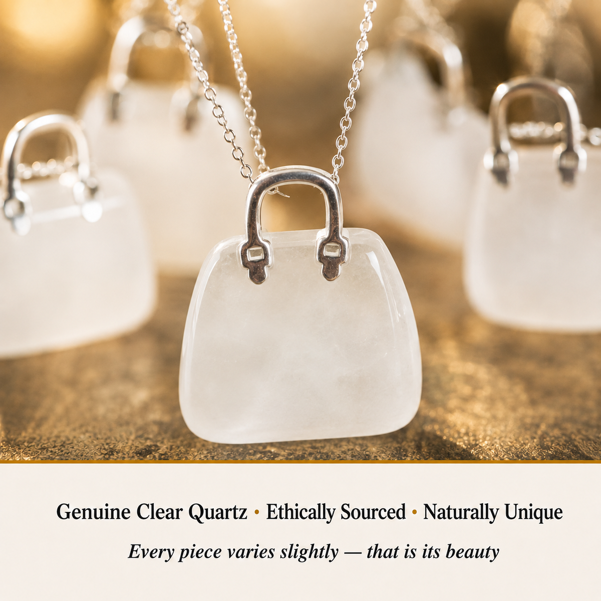 Close-up view of Clear Quartz mini handbag pendant
