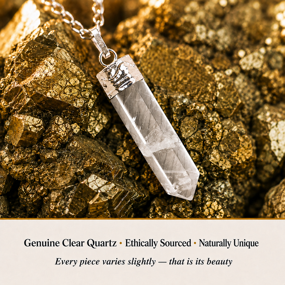 Close-up of Clear Quartz Pencil Pendant showing natural crystal texture and detail