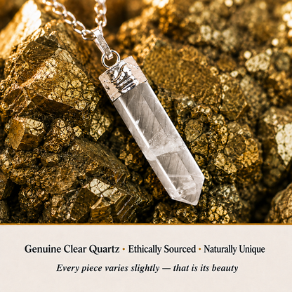 Close-up of Clear Quartz Pencil Pendant showing natural crystal texture and detail