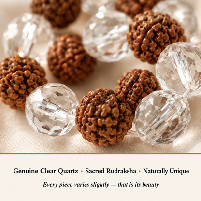 Close-up of Clear Quartz Rudraksha Bracelet showing natural crystal texture and detail