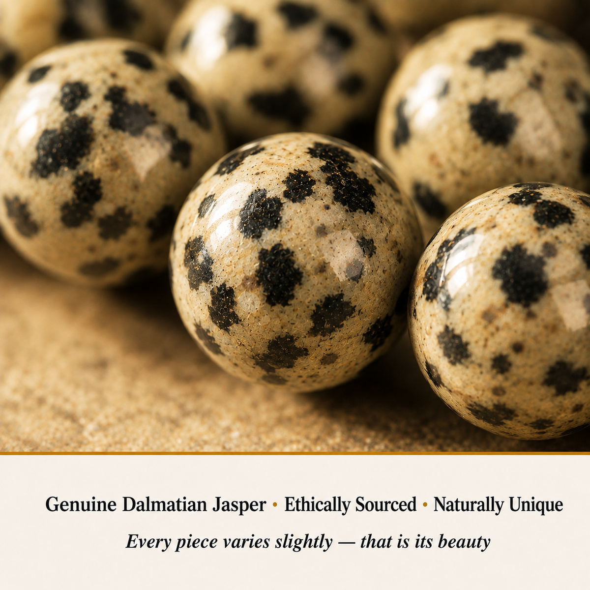 Close-up of Dalmatian Jasper Bracelet showing natural crystal bead texture and detail