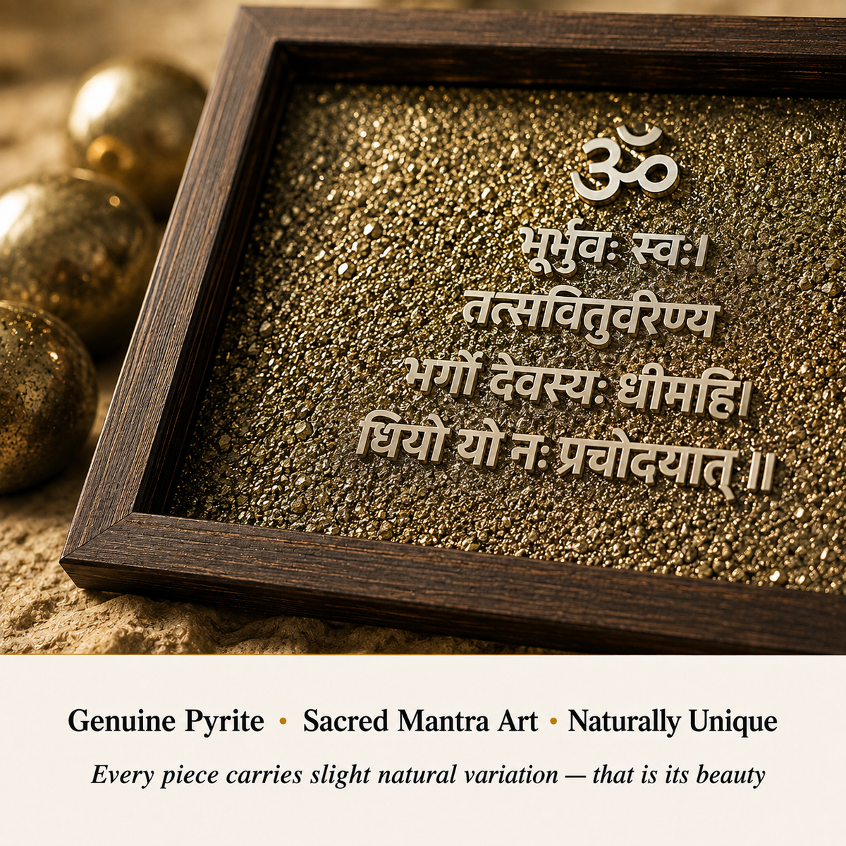 Close-up of Gayatri Mantra Frame showing natural crystal texture and detail