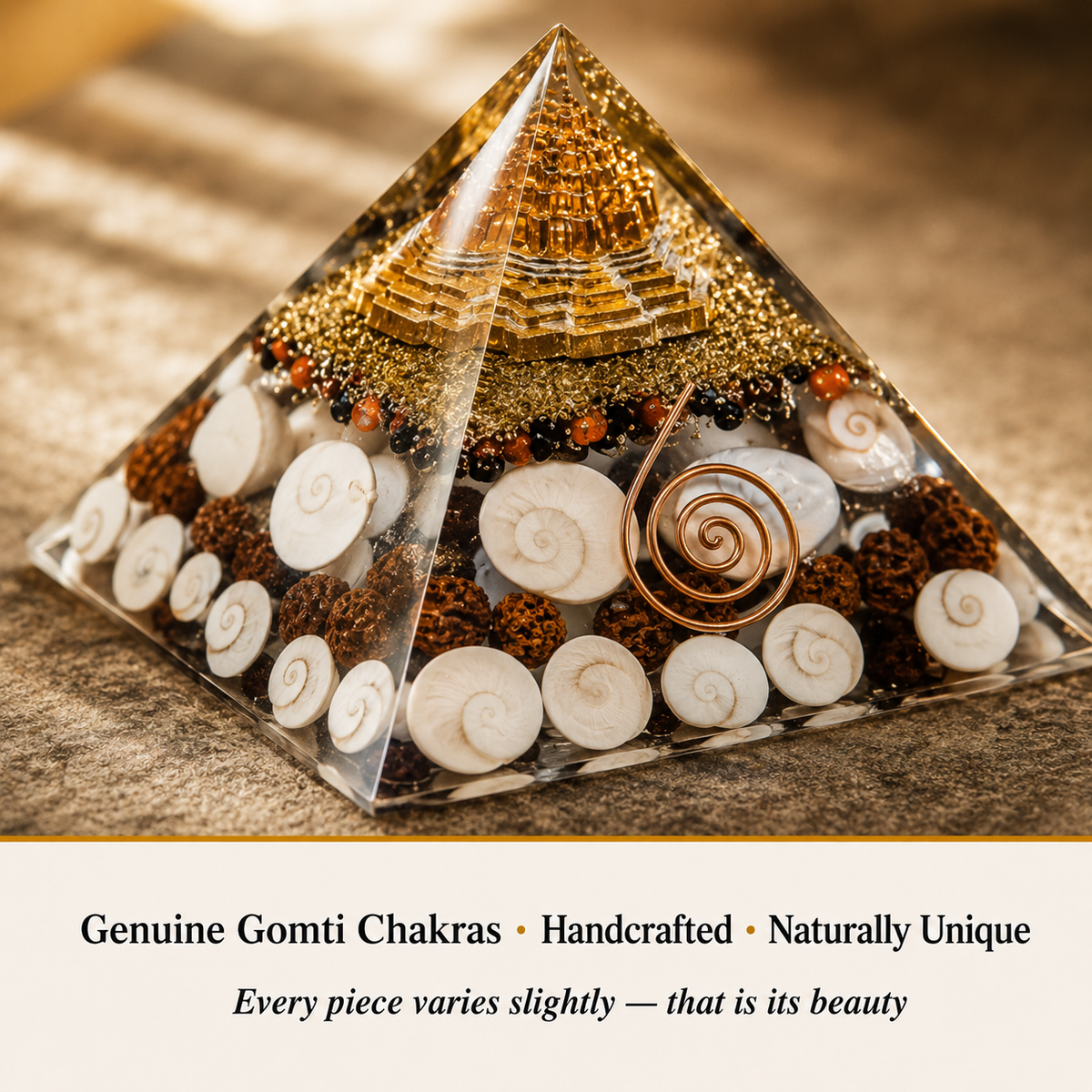 Close-up of Gomti Chakra Pyramid showing natural crystal texture and detail