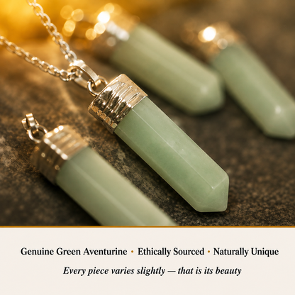 Close-up of Green Aventurine Pencil Pendant showing natural crystal texture and detail