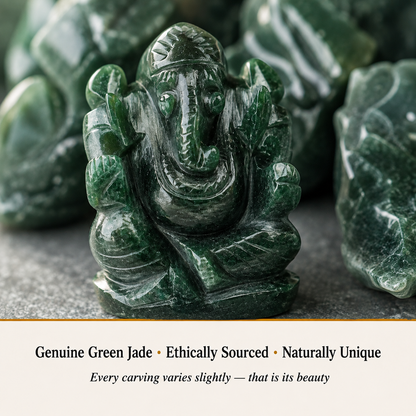 Close-up of Green Jade Ganesha showing natural crystal texture and detail