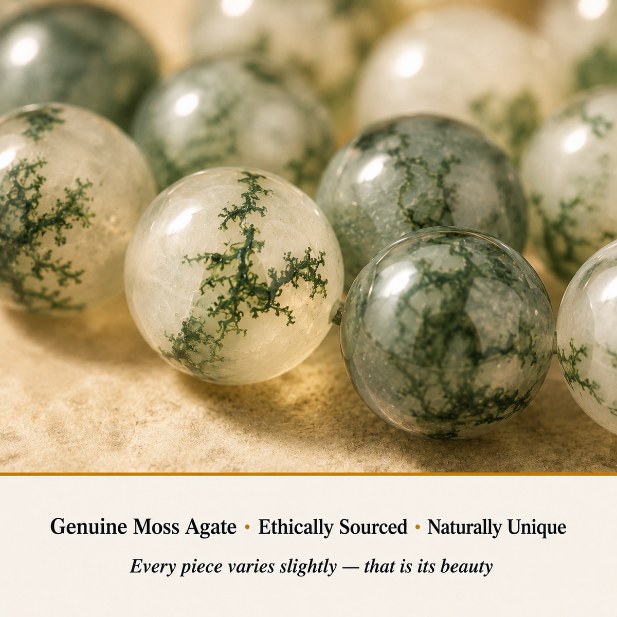 Close-up of Moss Agate Bracelet showing natural crystal bead texture and detail