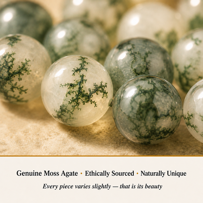 Close-up of Moss Agate Bracelet showing natural crystal bead texture and detail