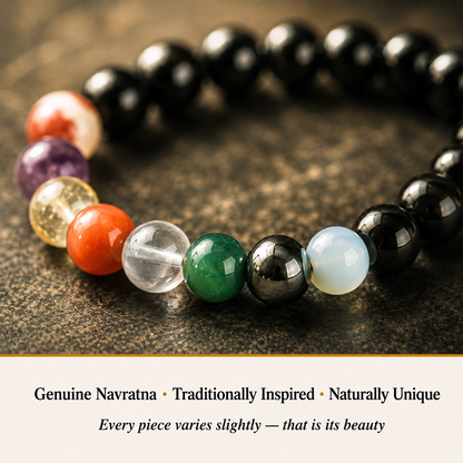 Close-up of Navratna Bracelet showing natural crystal texture and detail