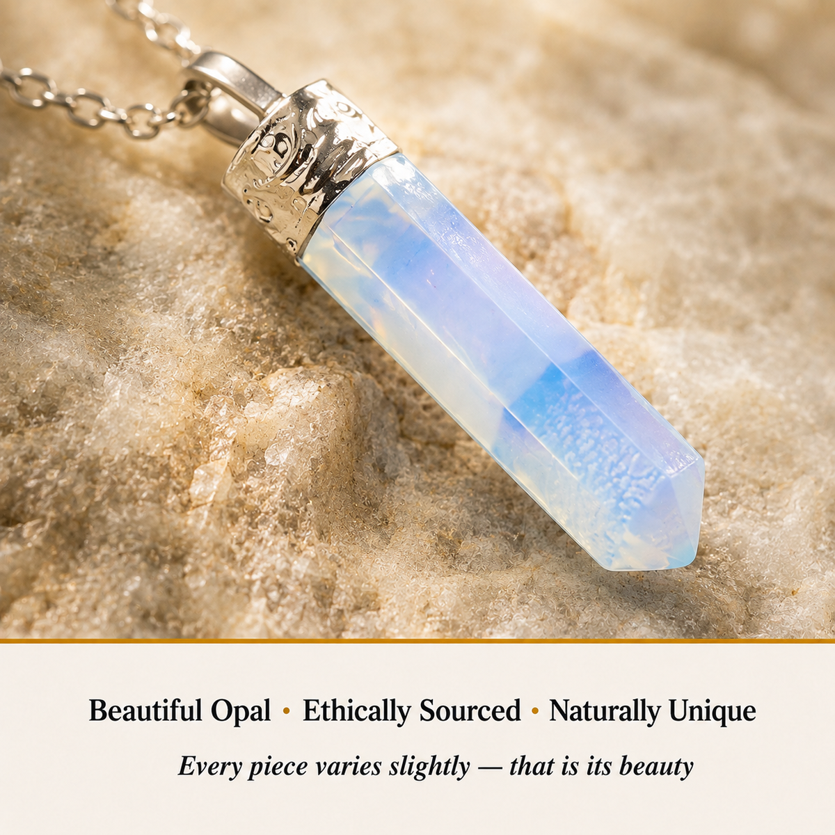 Close-up of opalite-pencil-pendant showing natural crystal texture and detail