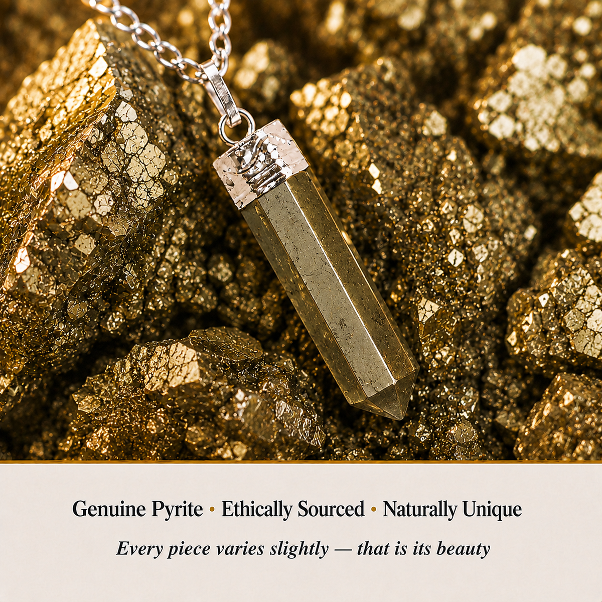 Close-up of Pyrite Pencil Pendant showing natural crystal texture and detail