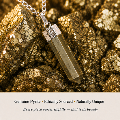 Close-up of Pyrite Pencil Pendant showing natural crystal texture and detail