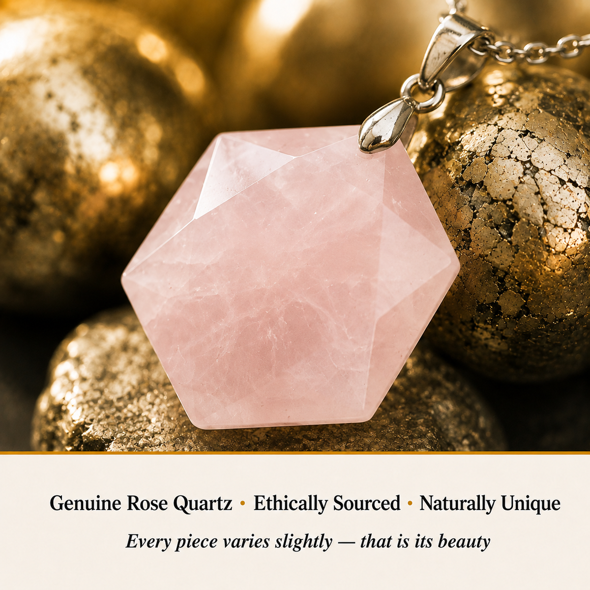 Close-up of Rose Quartz Hexagon Pendant showing natural crystal texture and detail