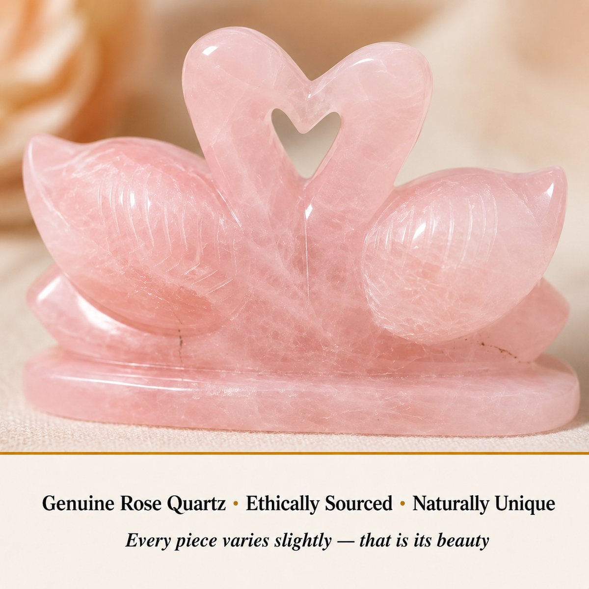 Close-up of Rose Quartz Swan Pair showing natural crystal texture and detail