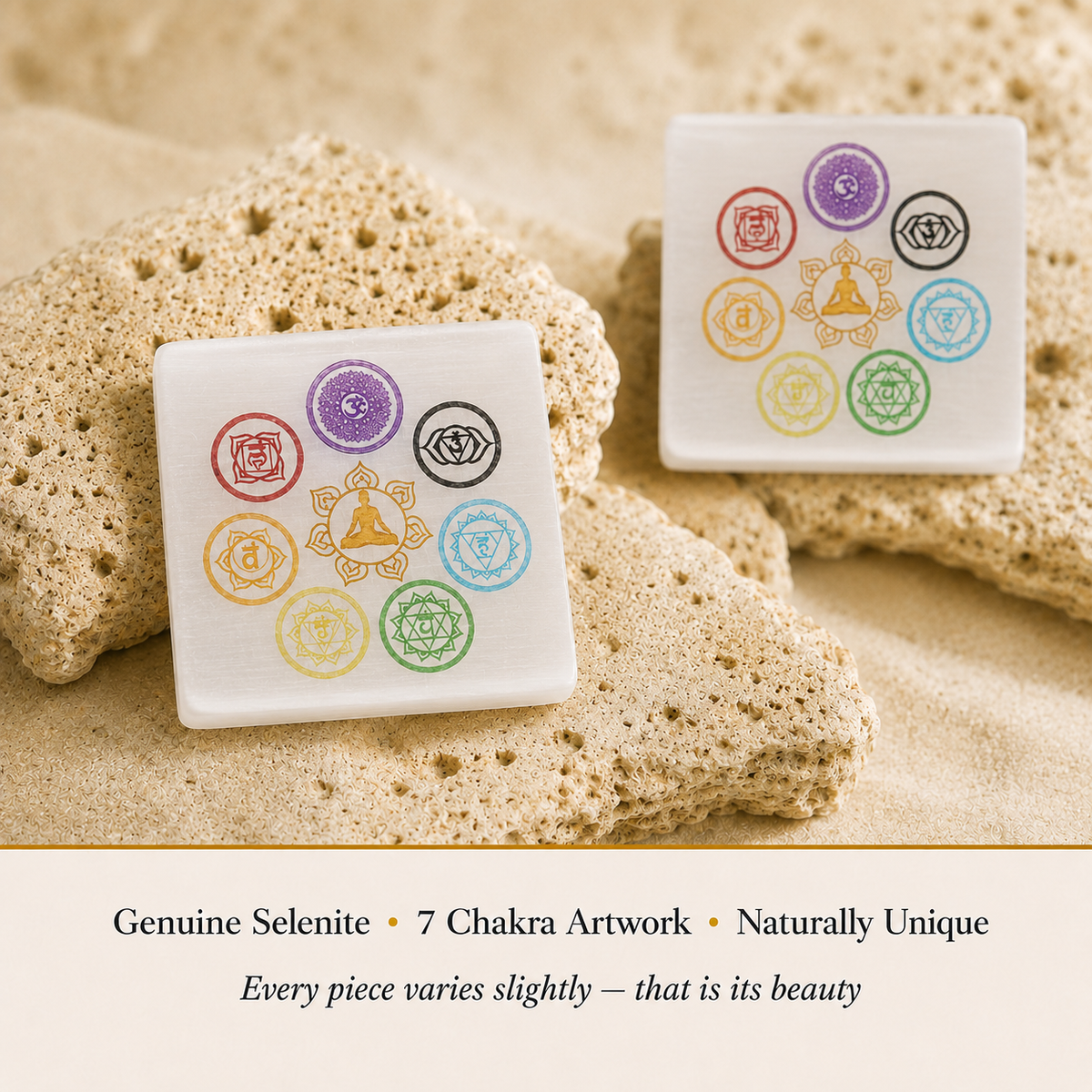 Close-up of Selenite 7 Chakra Square Plate showing natural crystal texture and detail