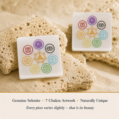 Close-up of Selenite 7 Chakra Square Plate showing natural crystal texture and detail